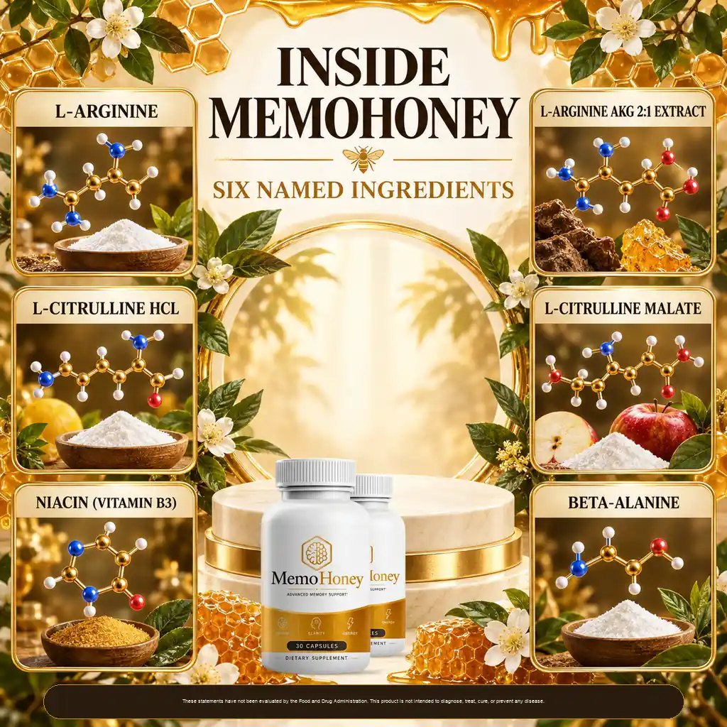 The brand's Inside MemoHoney artwork, six molecule tiles on a honeycomb ground