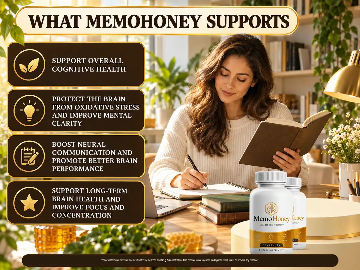The brand's listing artwork setting out the four things MemoHoney is said to support, beside a photograph of a woman reading at a desk